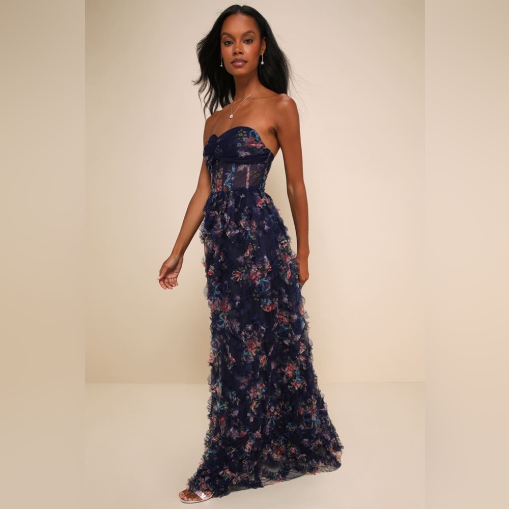 Lulus Stunning Element Navy Floral Mesh Ruffled Strapless Maxi Dress - Picture 4 of 13